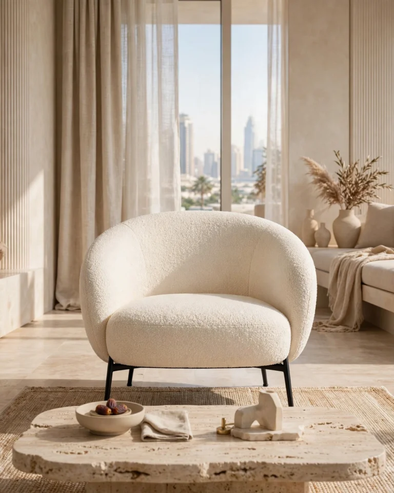 CloudCurve Boucle Lounge Chair - Cream Luxe Armchair with Black Metal Legs