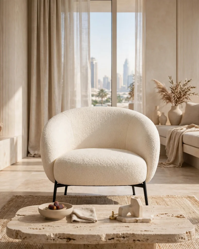 CloudCurve Boucle Lounge Chair - Cream Luxe Armchair with Black Metal Legs - Photo 1