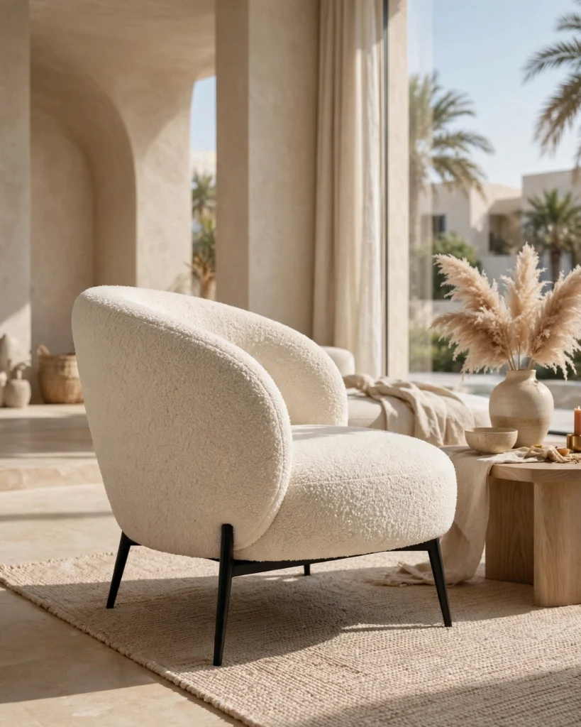 CloudCurve Boucle Lounge Chair - Cream Luxe Armchair with Black Metal Legs - Photo 2