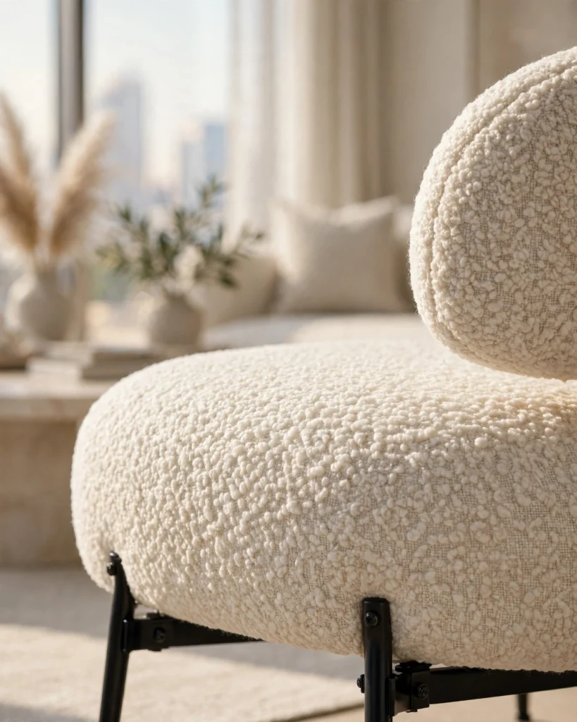 CloudCurve Boucle Lounge Chair - Cream Luxe Armchair with Black Metal Legs - Photo 3