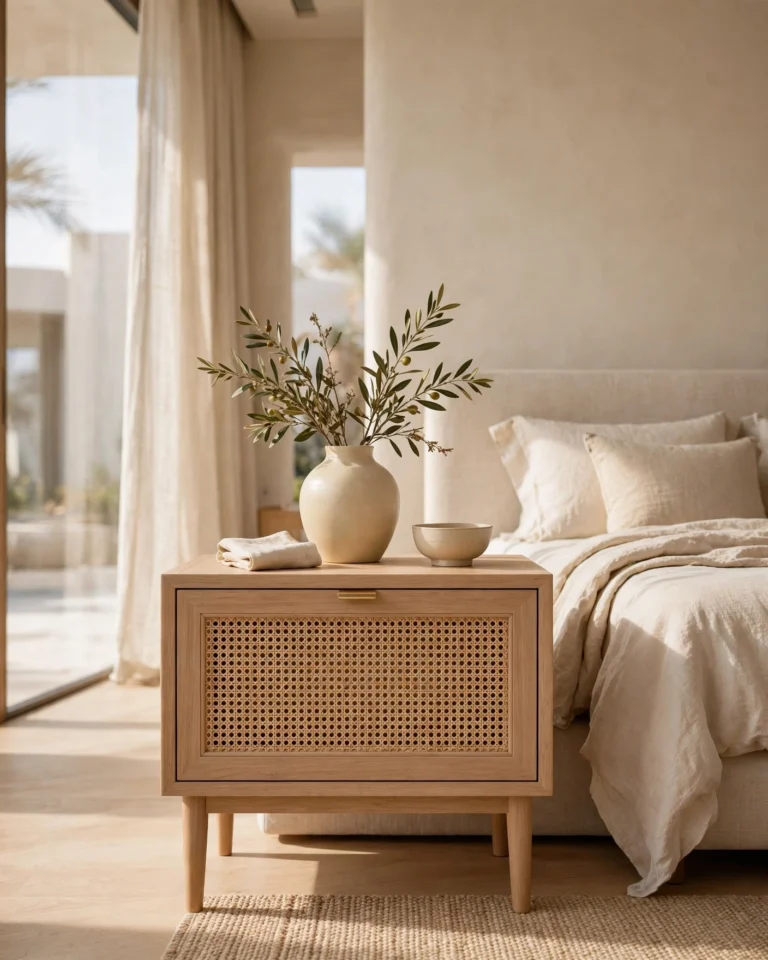 CoastalWeave Cane Rattan Bedside Nightstand - Light Oak Wood Night Table