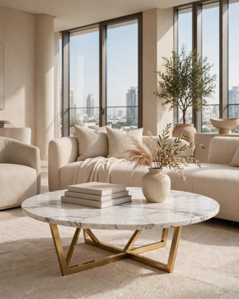 LunaStone Marble Round Coffee Table - White Natural Marble with Gold Base