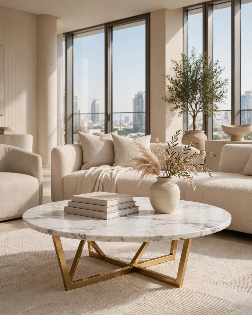 LunaStone Marble Round Coffee Table - White Natural Marble with Gold Base - Photo 1
