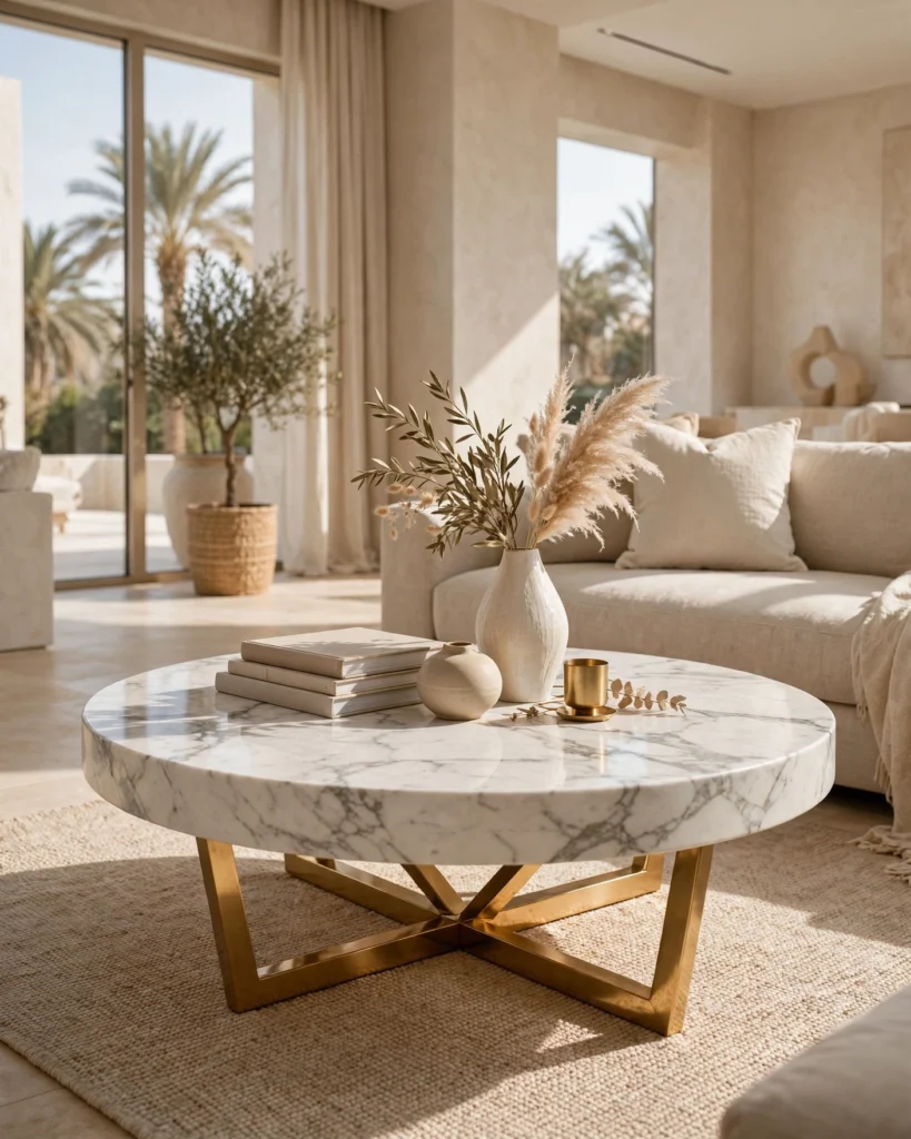 LunaStone Marble Round Coffee Table - White Natural Marble with Gold Base - Photo 2