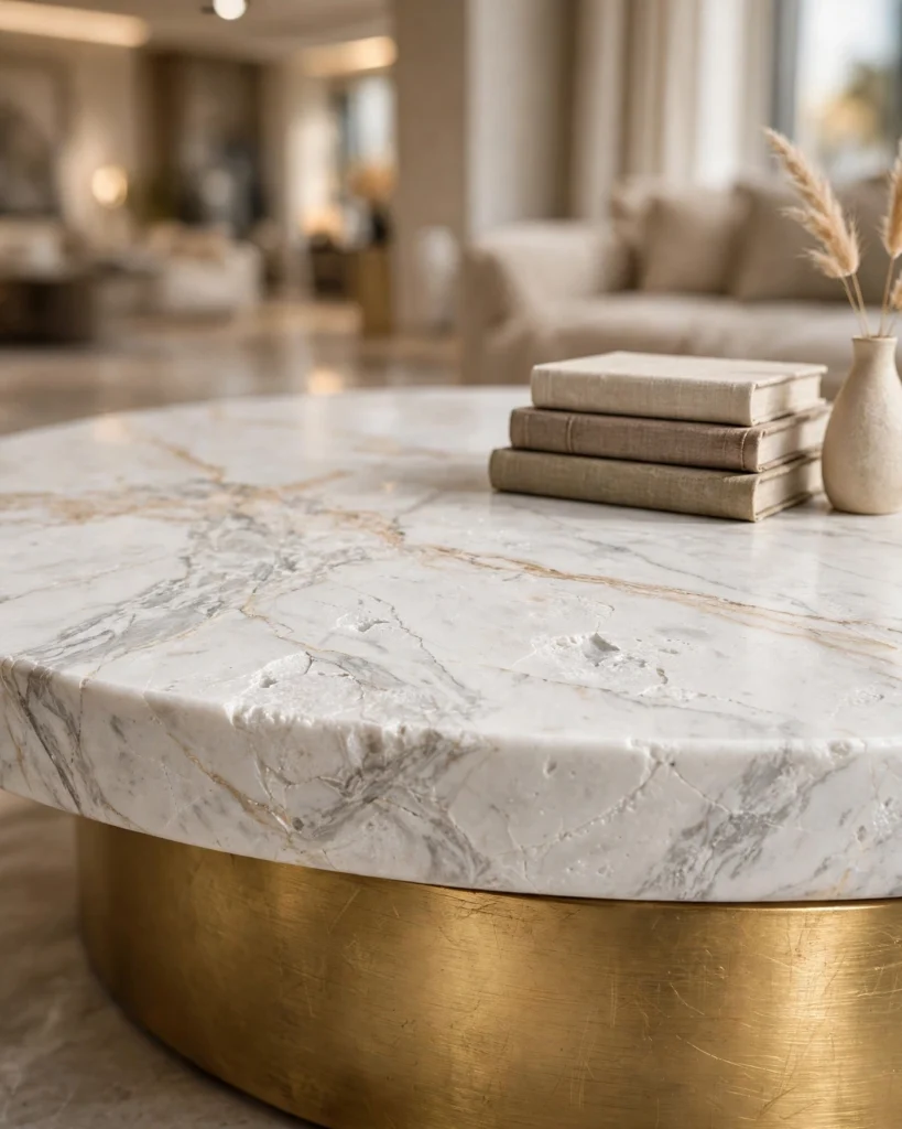 LunaStone Marble Round Coffee Table - White Natural Marble with Gold Base - Photo 3