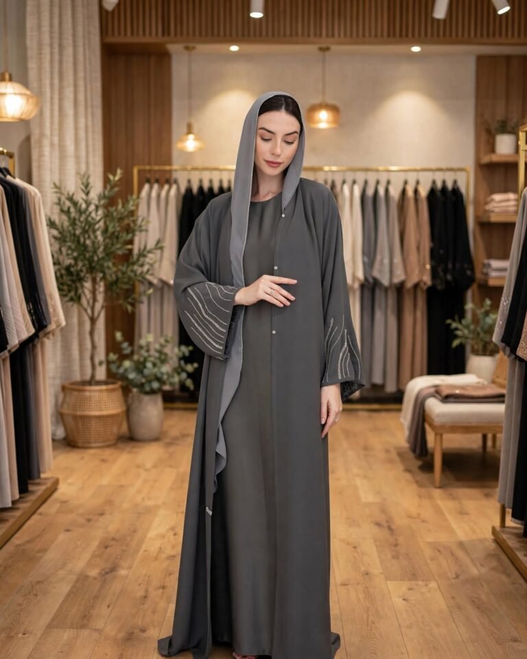 Charcoal Grey Hooded Abaya with Intricate Silver Threadwork