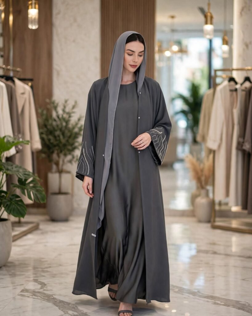 Charcoal Grey Hooded Abaya with Intricate Silver Threadwork - Photo 2