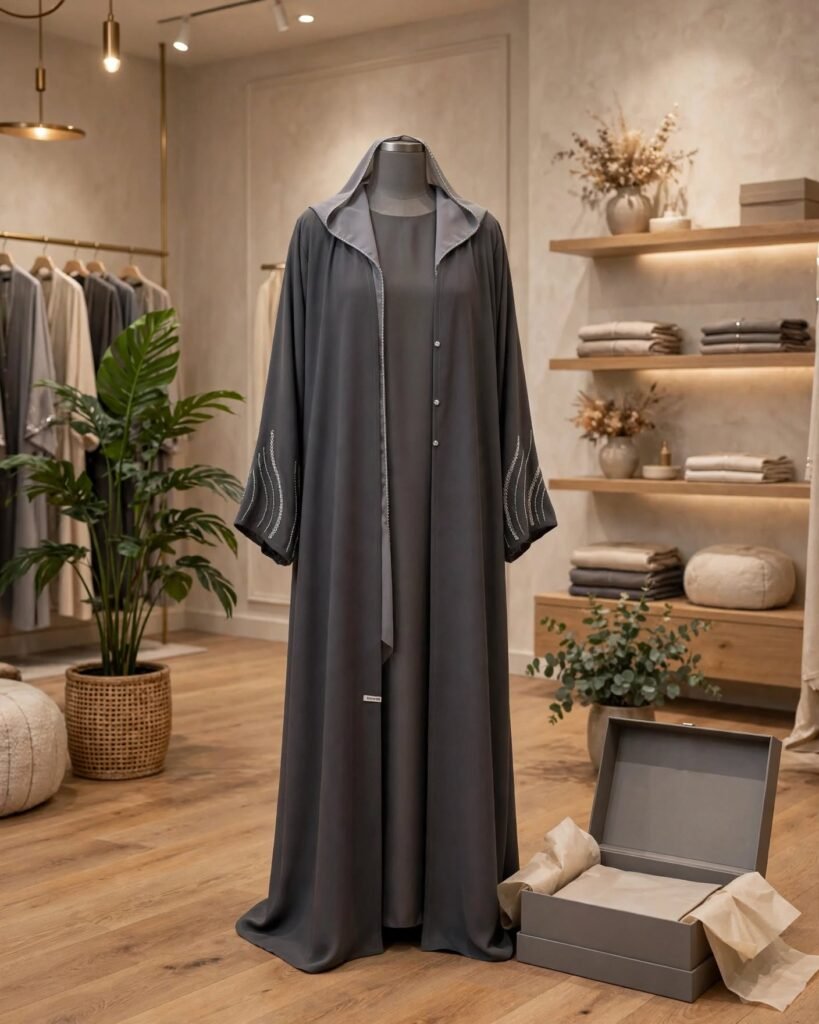 Charcoal Grey Hooded Abaya with Intricate Silver Threadwork - Photo 4