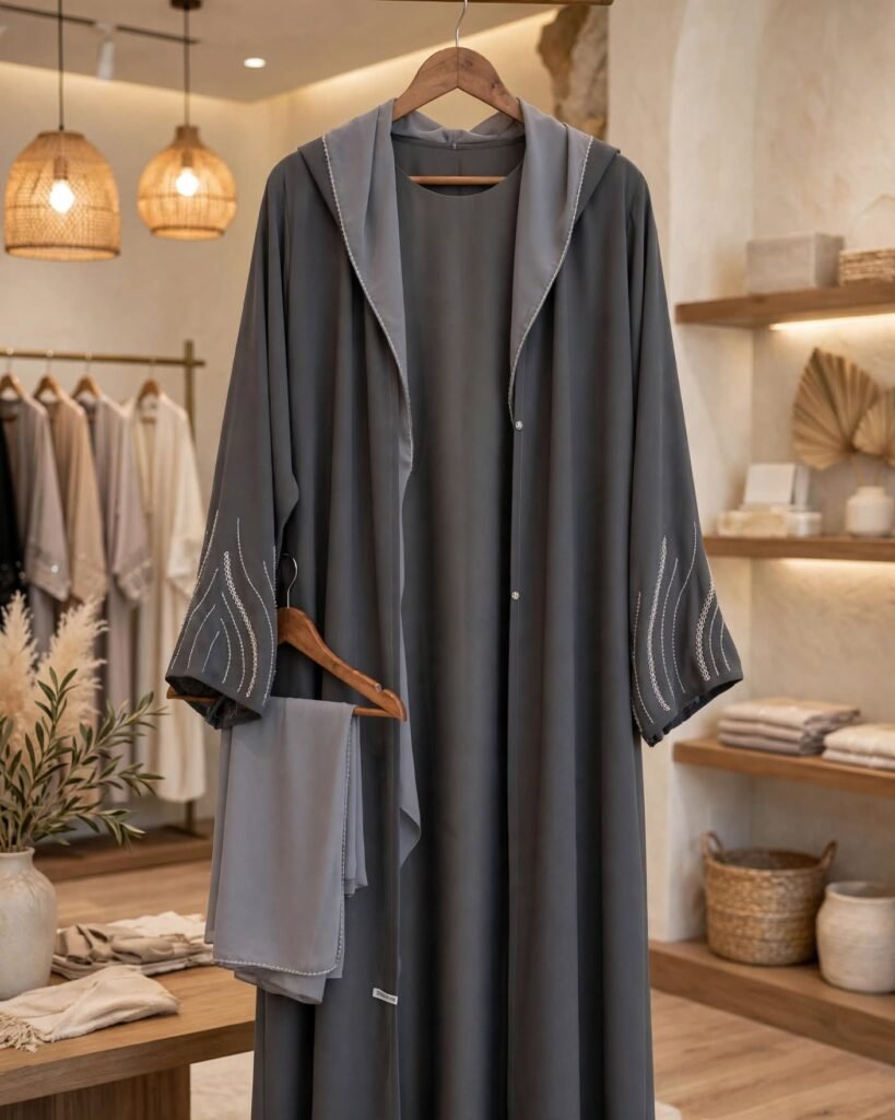 Charcoal Grey Hooded Abaya with Intricate Silver Threadwork - Photo 5