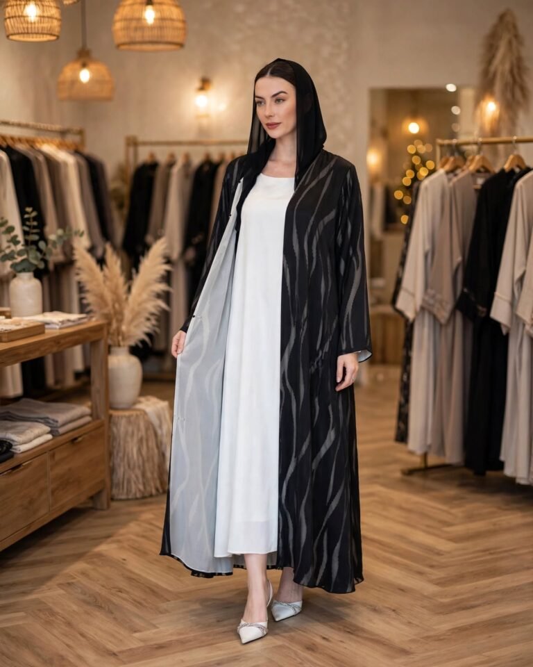 Ethereal Monochrome Zebra-Print Abaya & Inner Dress Set – Noir & Ivory