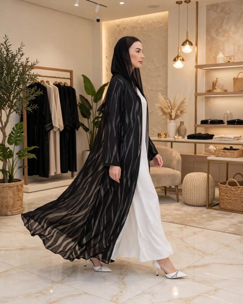 Ethereal Monochrome Zebra-Print Abaya & Inner Dress Set – Noir & Ivory - Photo 2