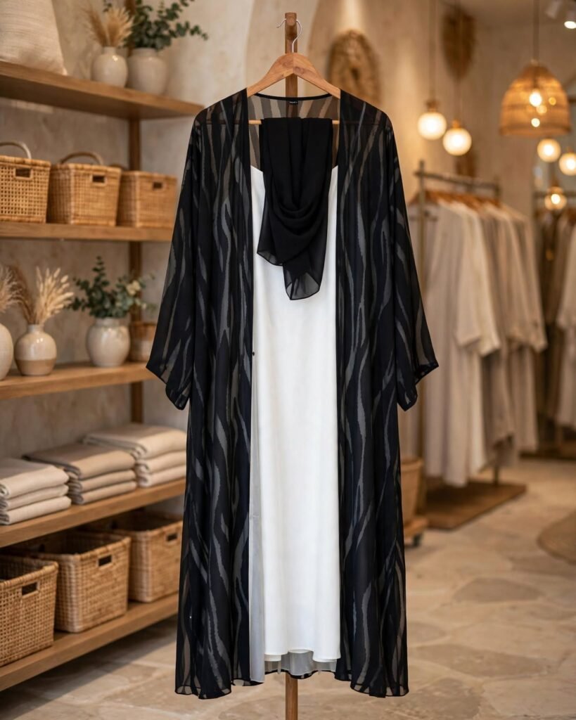 Ethereal Monochrome Zebra-Print Abaya & Inner Dress Set – Noir & Ivory - Photo 3