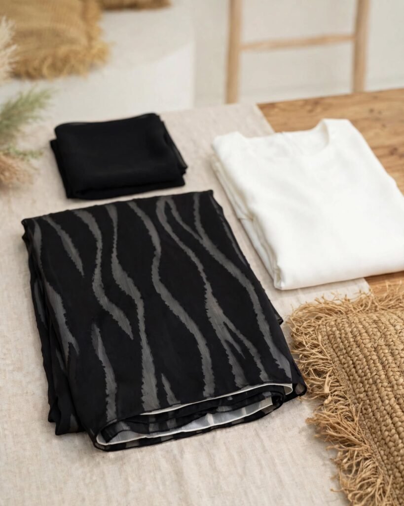 Ethereal Monochrome Zebra-Print Abaya & Inner Dress Set – Noir & Ivory - Photo 4