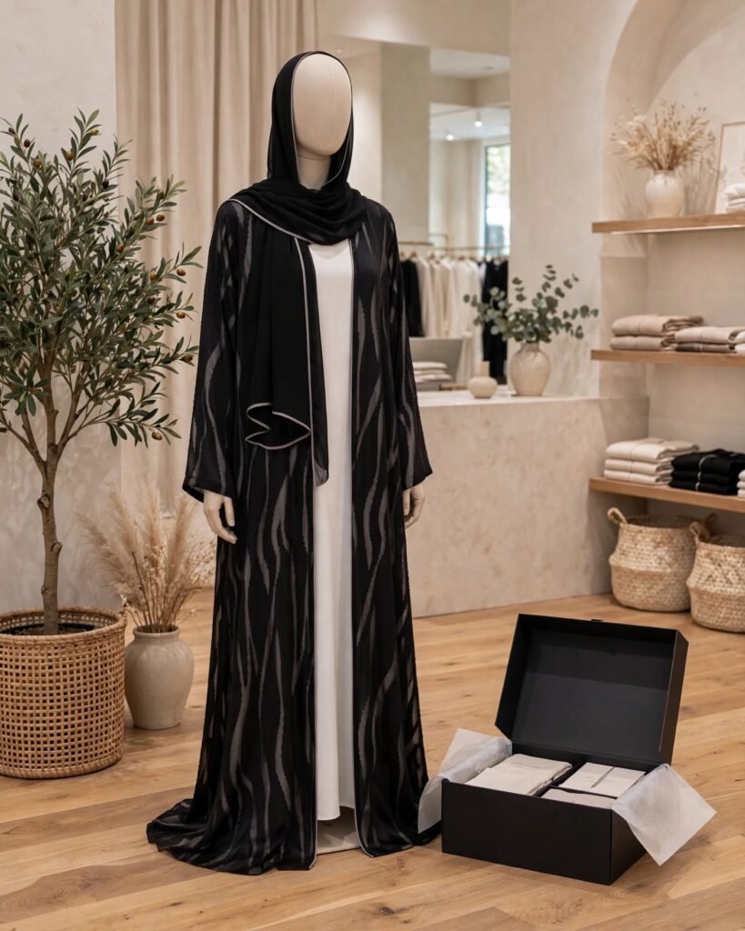Ethereal Monochrome Zebra-Print Abaya & Inner Dress Set – Noir & Ivory - Photo 5