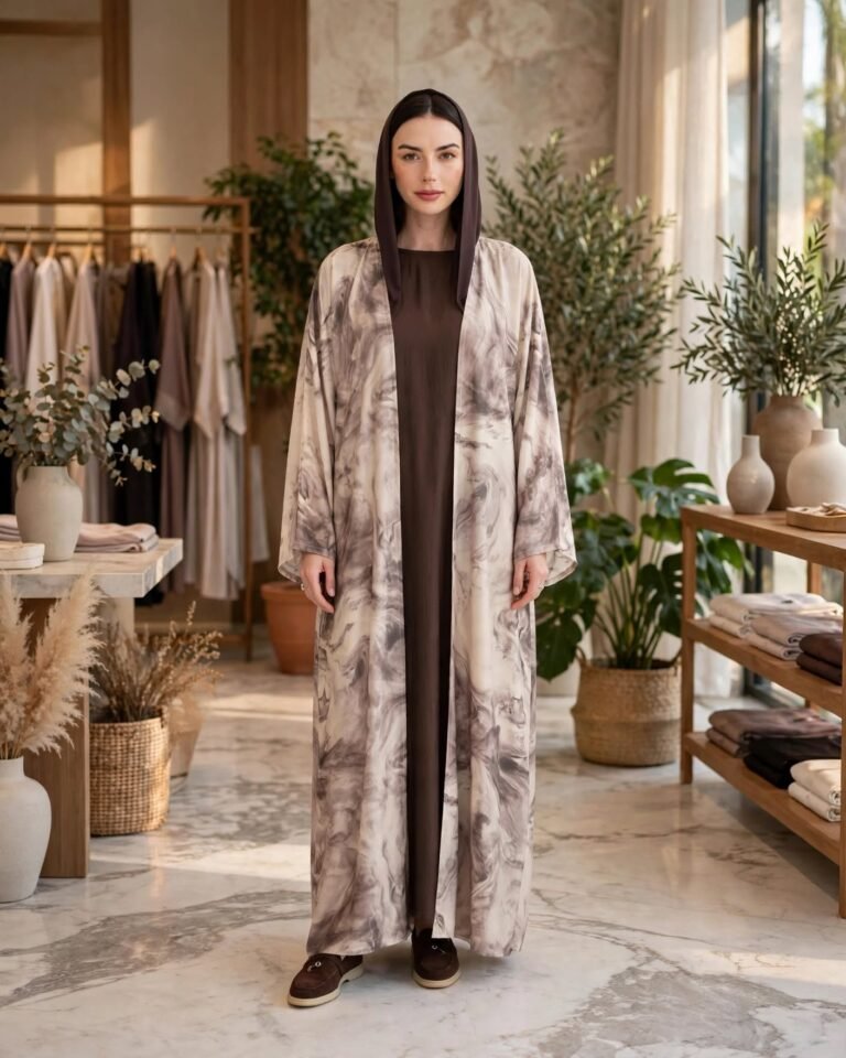 Ethereal Marble Print Hooded Abaya & Dress Set – Earthy Mocha Elegance