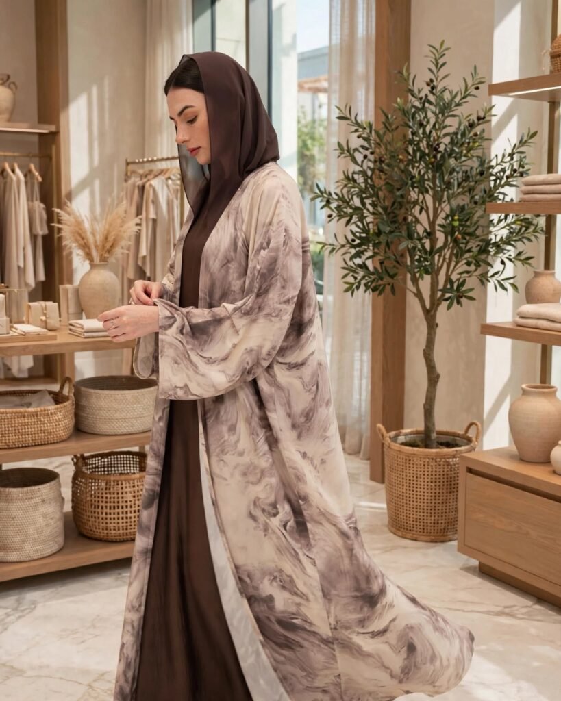 Ethereal Marble Print Hooded Abaya & Dress Set – Earthy Mocha Elegance - Photo 2