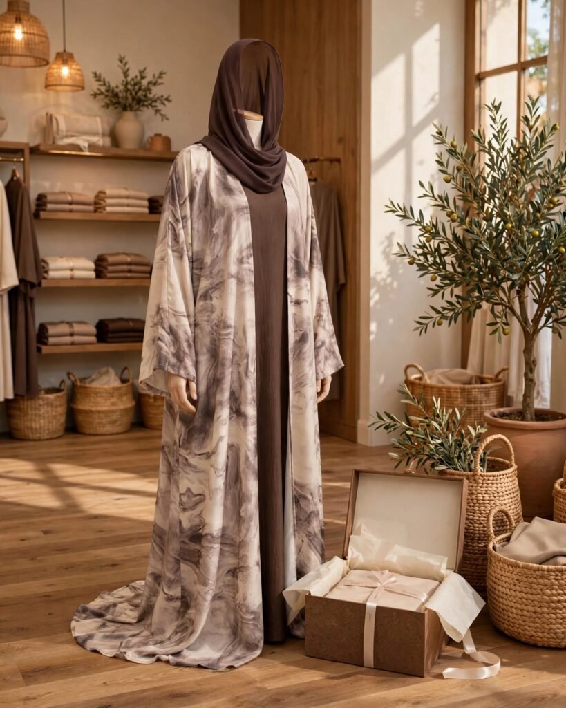 Ethereal Marble Print Hooded Abaya & Dress Set – Earthy Mocha Elegance - Photo 3