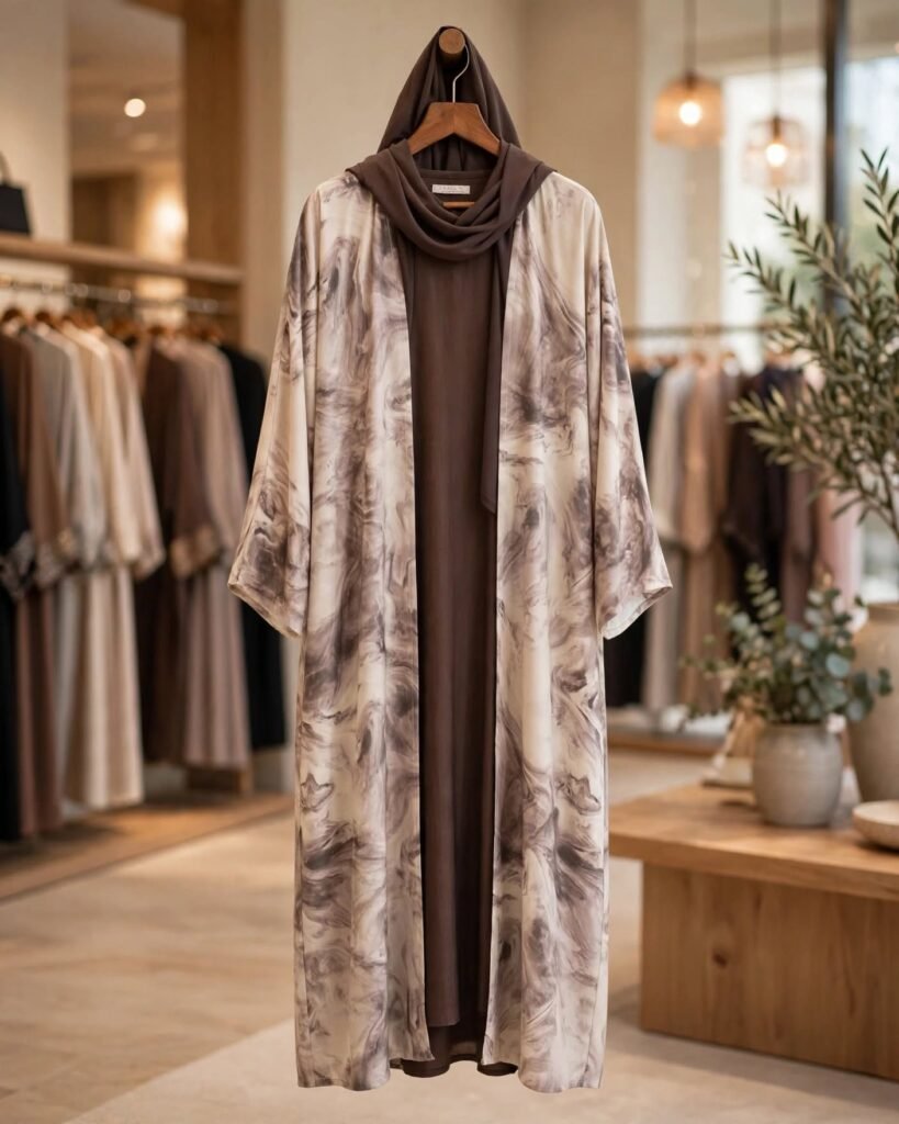 Ethereal Marble Print Hooded Abaya & Dress Set – Earthy Mocha Elegance - Photo 4