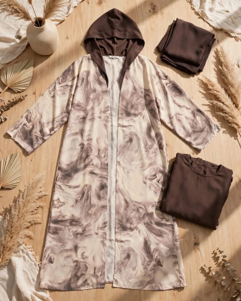Ethereal Marble Print Hooded Abaya & Dress Set – Earthy Mocha Elegance - Photo 5