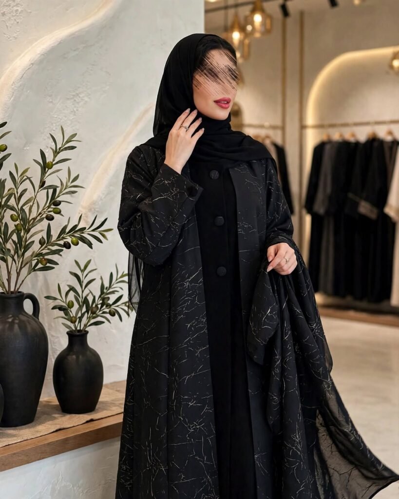 Midnight Marble Abstract Print Abaya Set with Matching Inner & Hijab - Photo 1