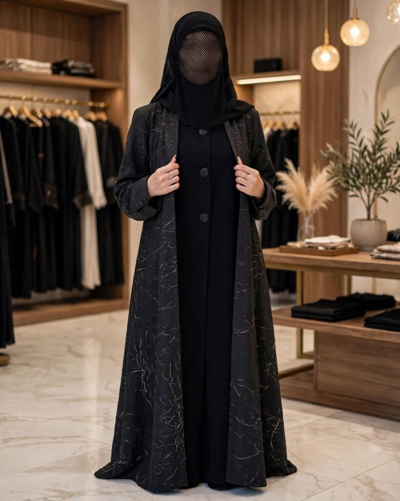 Midnight Marble Abstract Print Abaya Set with Matching Inner & Hijab - Photo 2
