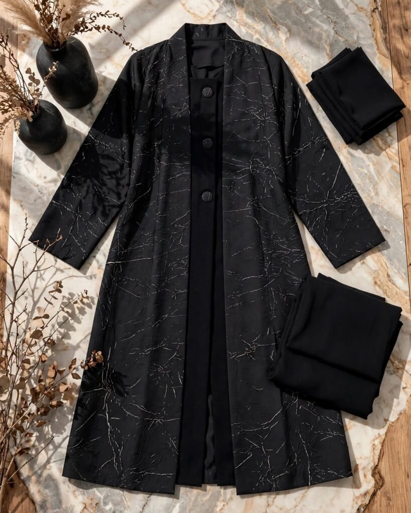 Midnight Marble Abstract Print Abaya Set with Matching Inner & Hijab - Photo 3