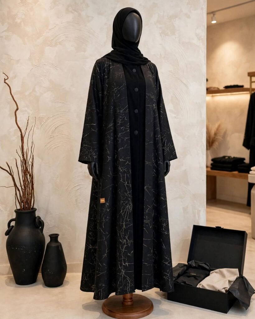 Midnight Marble Abstract Print Abaya Set with Matching Inner & Hijab - Photo 4