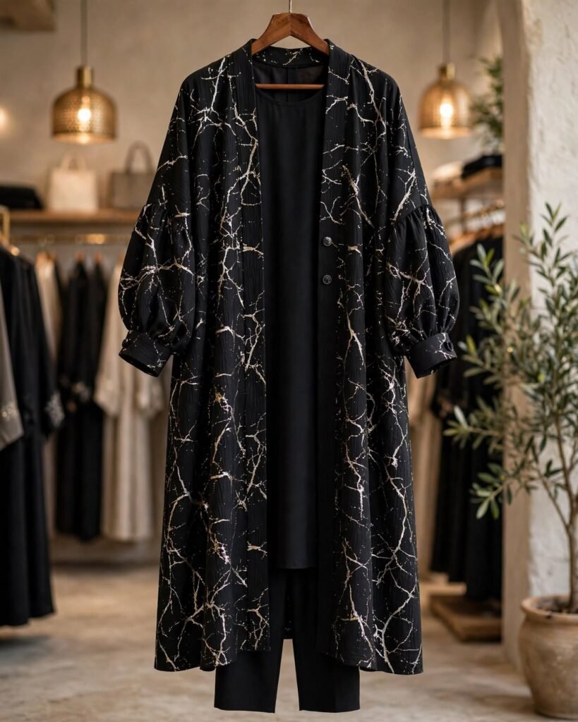 Midnight Marble Abstract Print Abaya Set with Matching Inner & Hijab - Photo 5