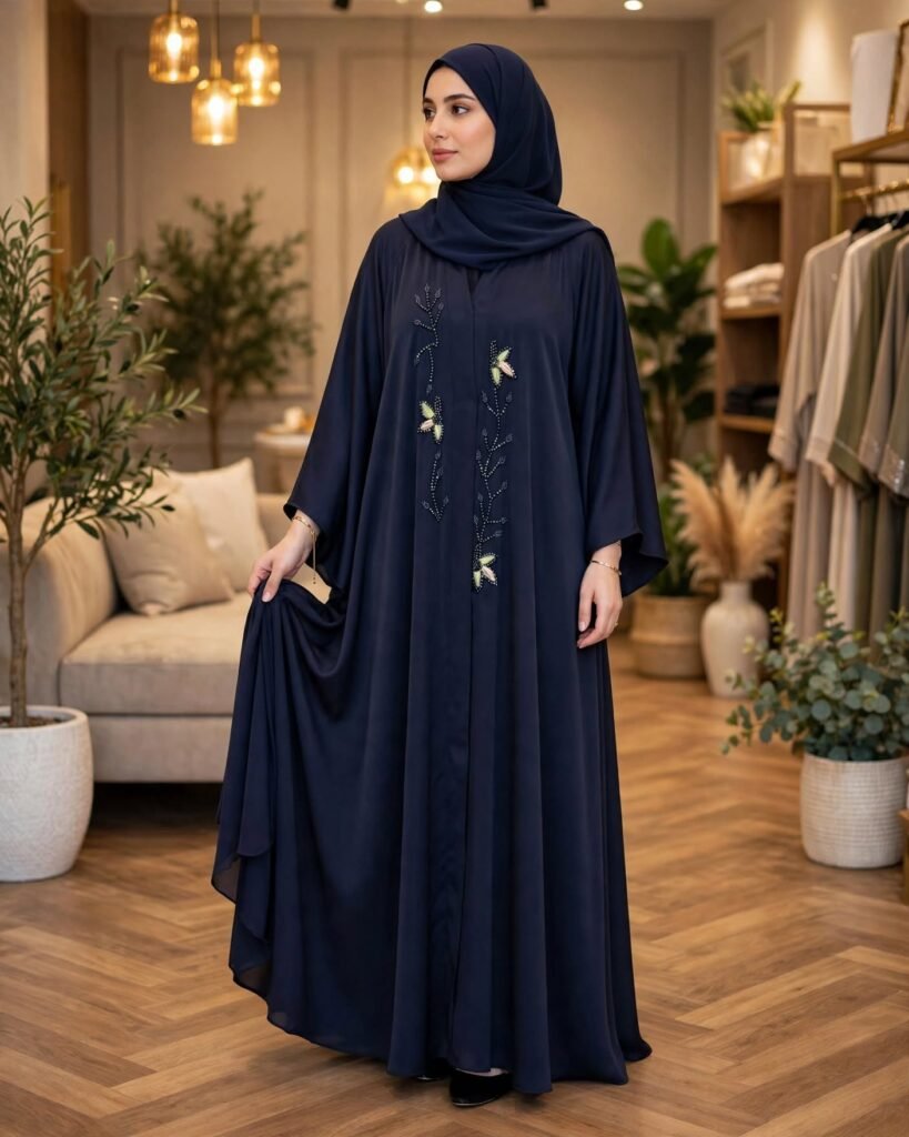 Midnight Navy Serenity Beaded Embellished Abaya Set - Photo 2