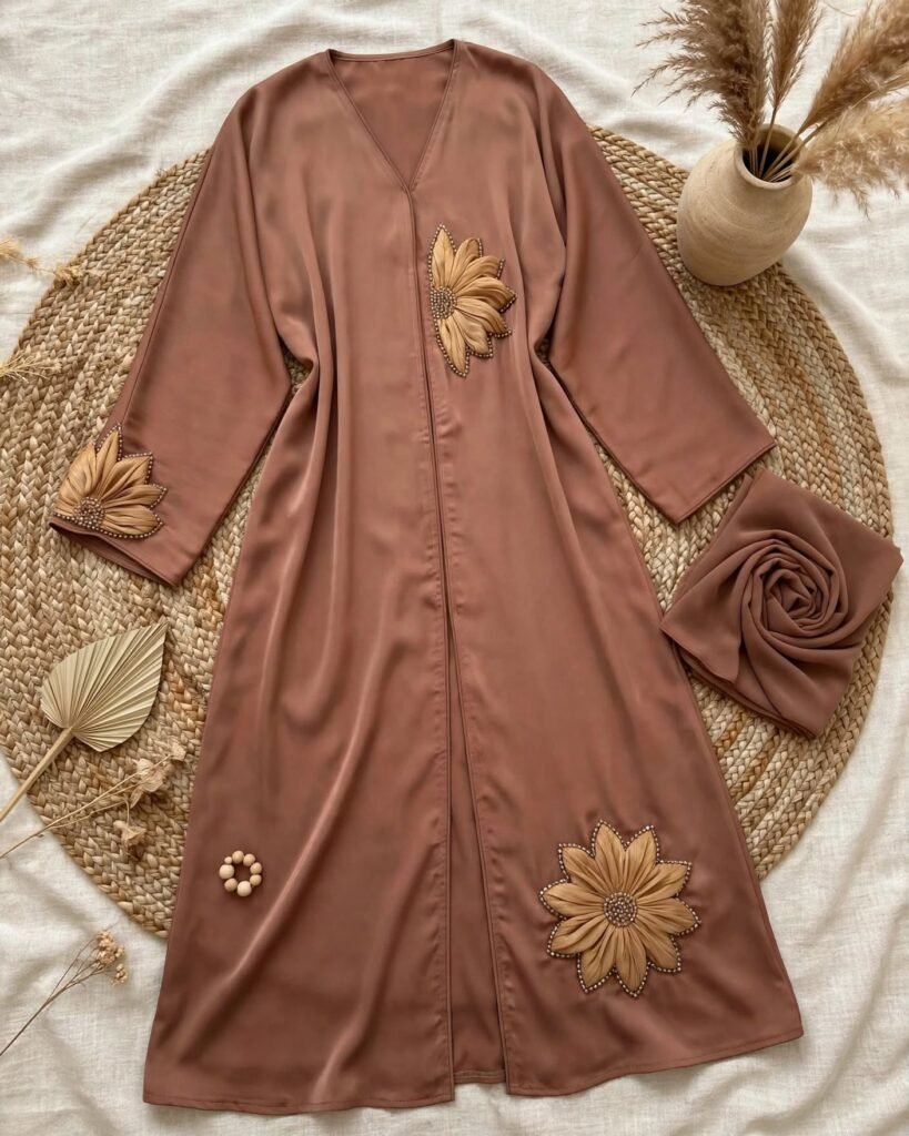 Ethereal Earthy Brown Floral Embellished Abaya Set - Photo 2