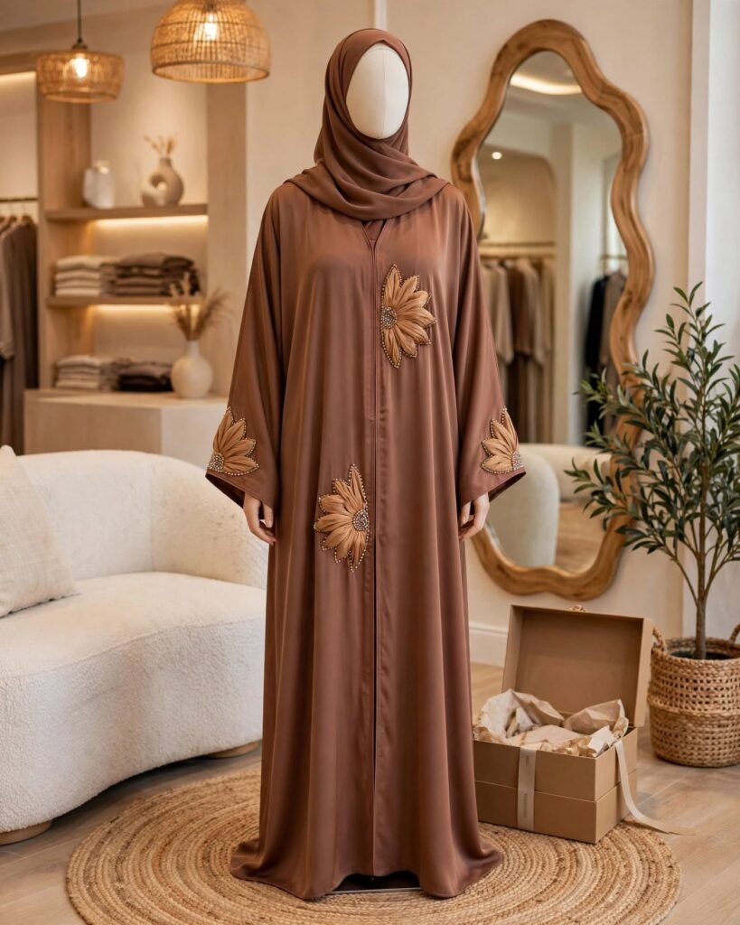 Ethereal Earthy Brown Floral Embellished Abaya Set - Photo 3