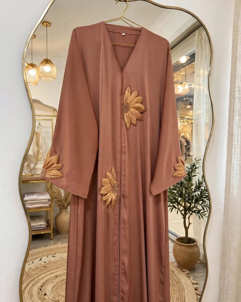 Ethereal Earthy Brown Floral Embellished Abaya Set - Photo 4