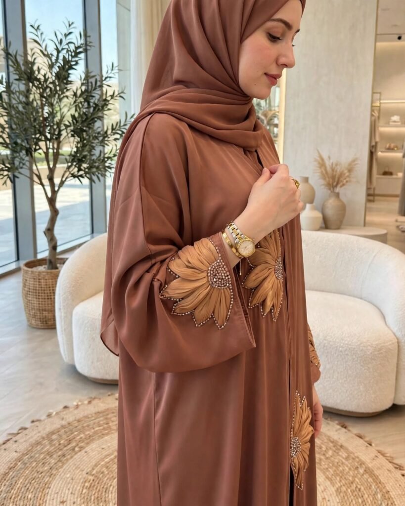 Ethereal Earthy Brown Floral Embellished Abaya Set - Photo 5