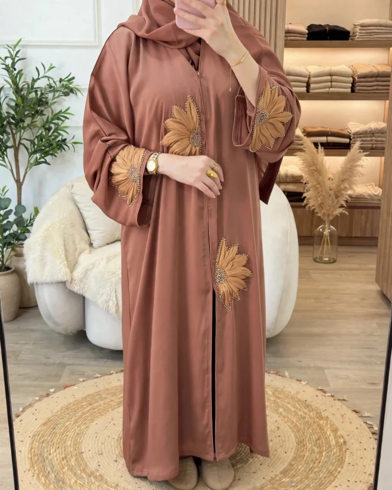 Ethereal Earthy Brown Floral Embellished Abaya Set