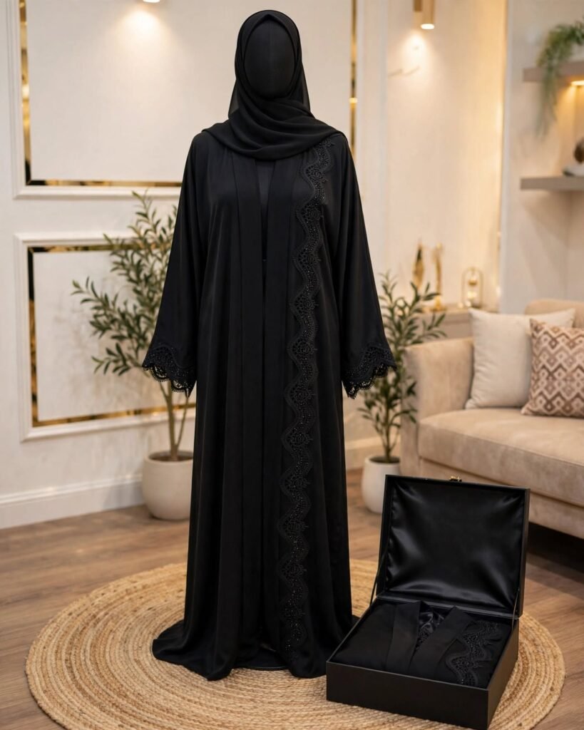 Ethereal Obsidian Noir Lace-Embellished Abaya Set - Photo 2