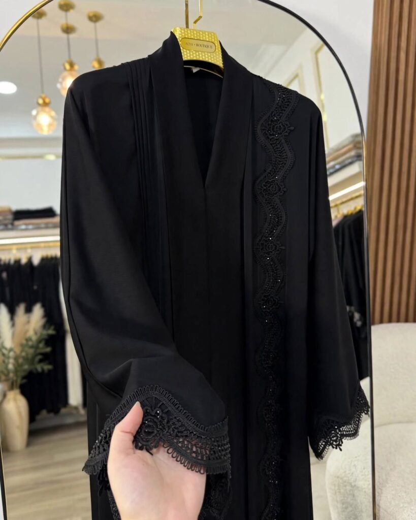 Ethereal Obsidian Noir Lace-Embellished Abaya Set - Photo 3