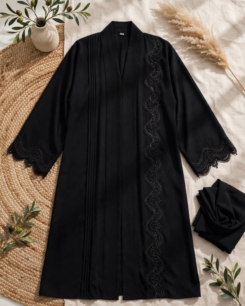 Ethereal Obsidian Noir Lace-Embellished Abaya Set - Photo 4