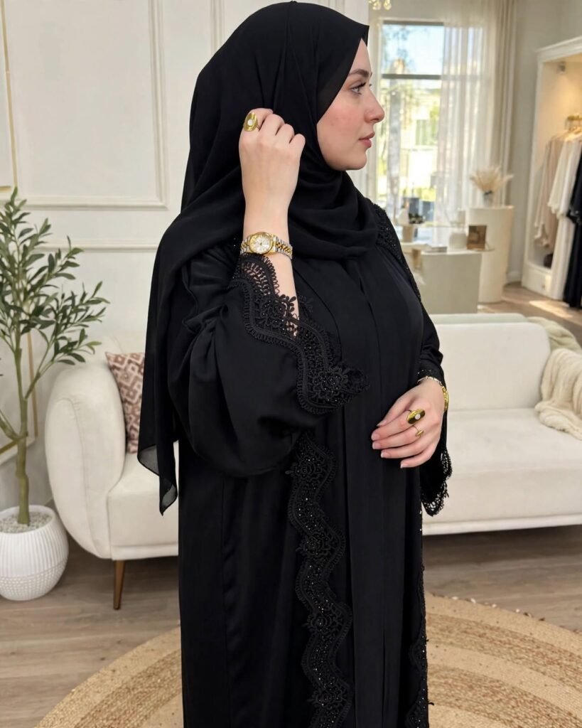 Ethereal Obsidian Noir Lace-Embellished Abaya Set - Photo 5