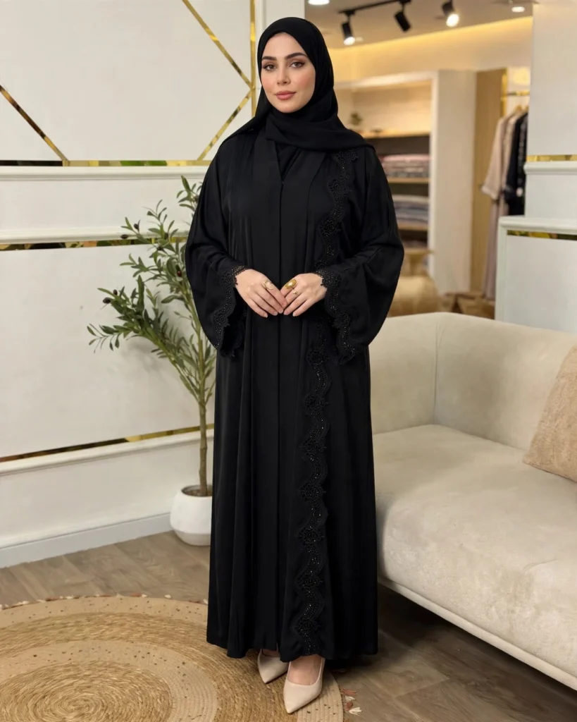 Ethereal Obsidian Noir Lace-Embellished Abaya Set - Photo 1