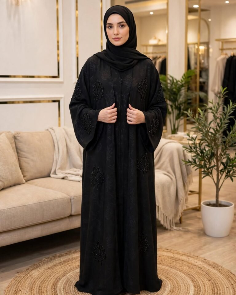 Midnight Leaf Embellished Minimalist Abaya Set