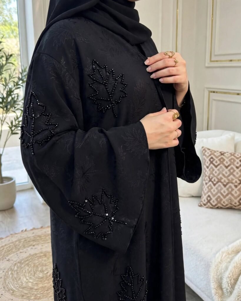 Midnight Leaf Embellished Minimalist Abaya Set - Photo 2