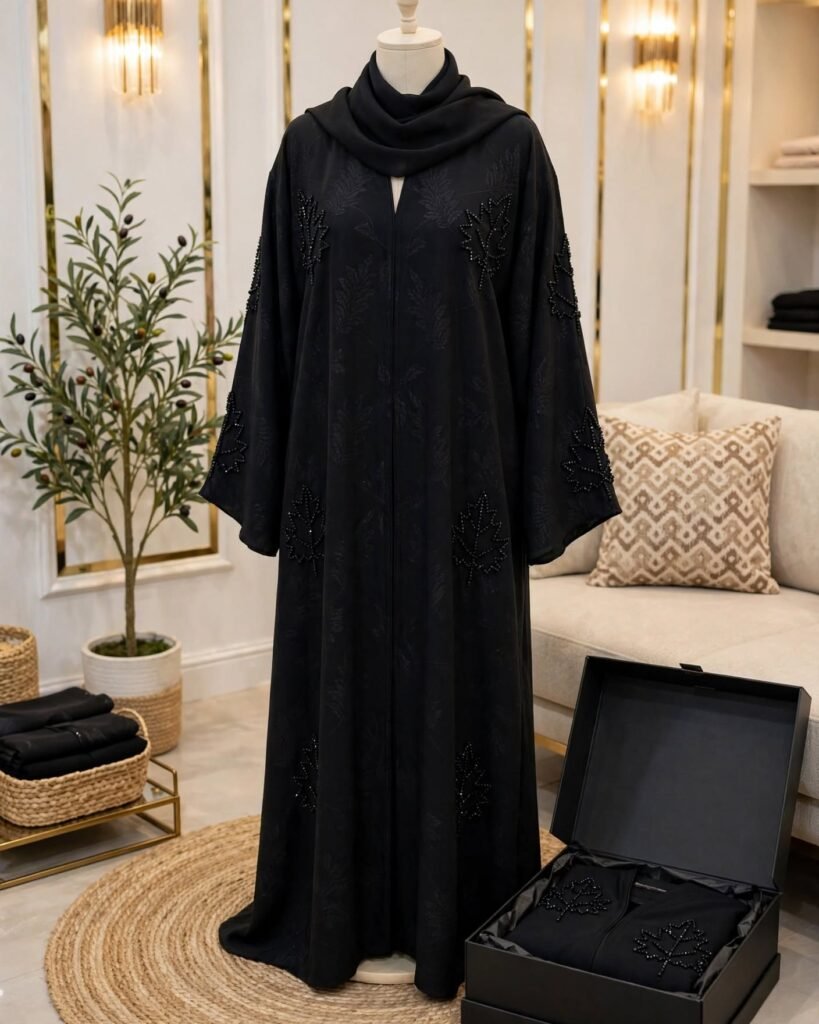 Midnight Leaf Embellished Minimalist Abaya Set - Photo 3