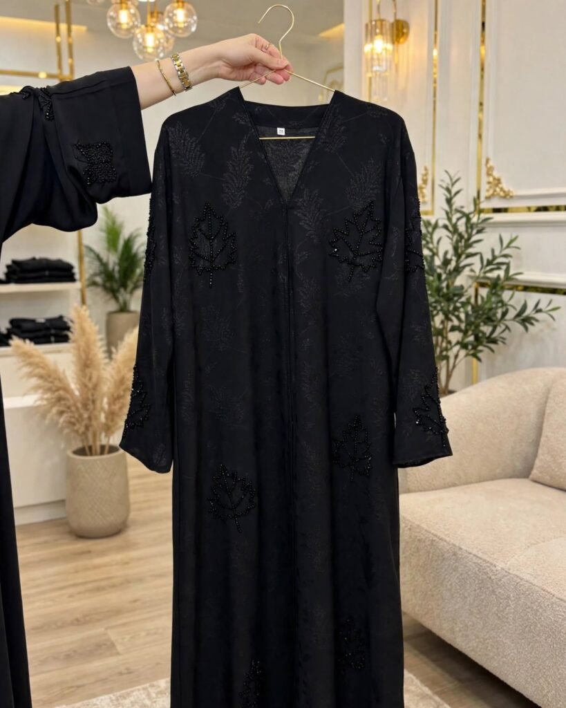 Midnight Leaf Embellished Minimalist Abaya Set - Photo 4