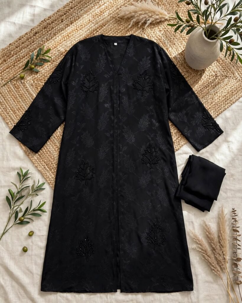 Midnight Leaf Embellished Minimalist Abaya Set - Photo 5