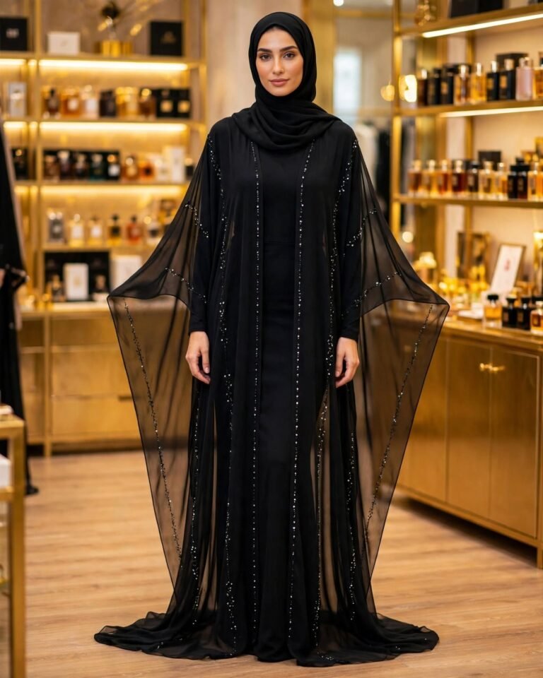 Midnight Elegance Embellished Sheer Abaya & Inner Slip Set