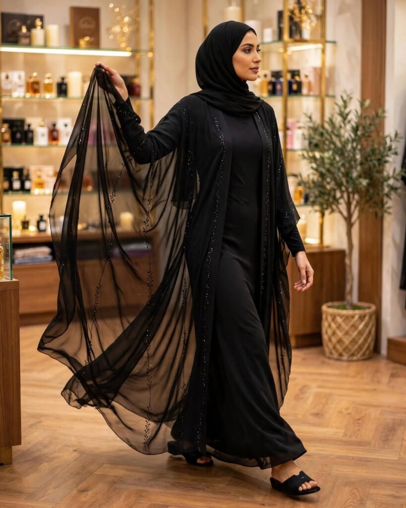 Midnight Elegance Embellished Sheer Abaya & Inner Slip Set - Photo 2