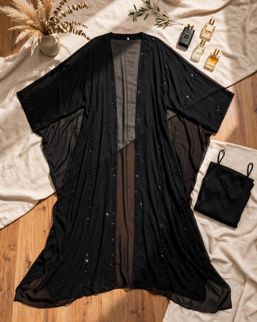 Midnight Elegance Embellished Sheer Abaya & Inner Slip Set - Photo 5
