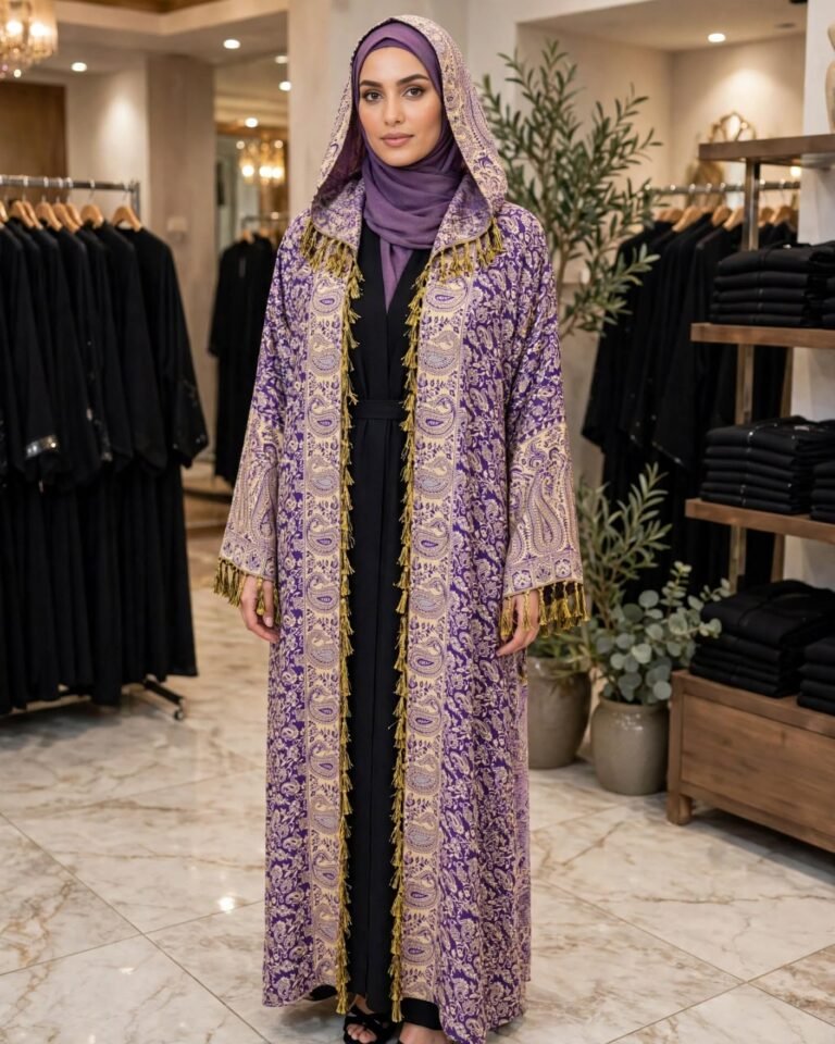 Royal Paisley Motif Hooded Abaya with Gold Tassel Accents