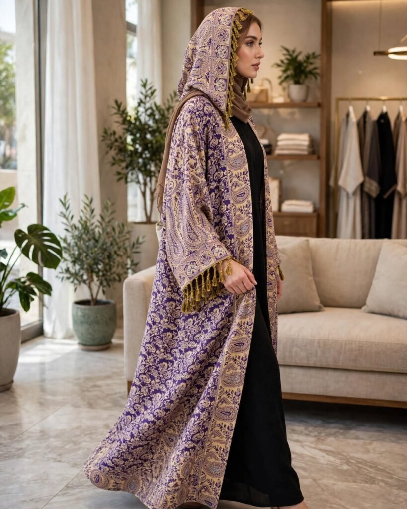 Royal Paisley Motif Hooded Abaya with Gold Tassel Accents - Photo 2
