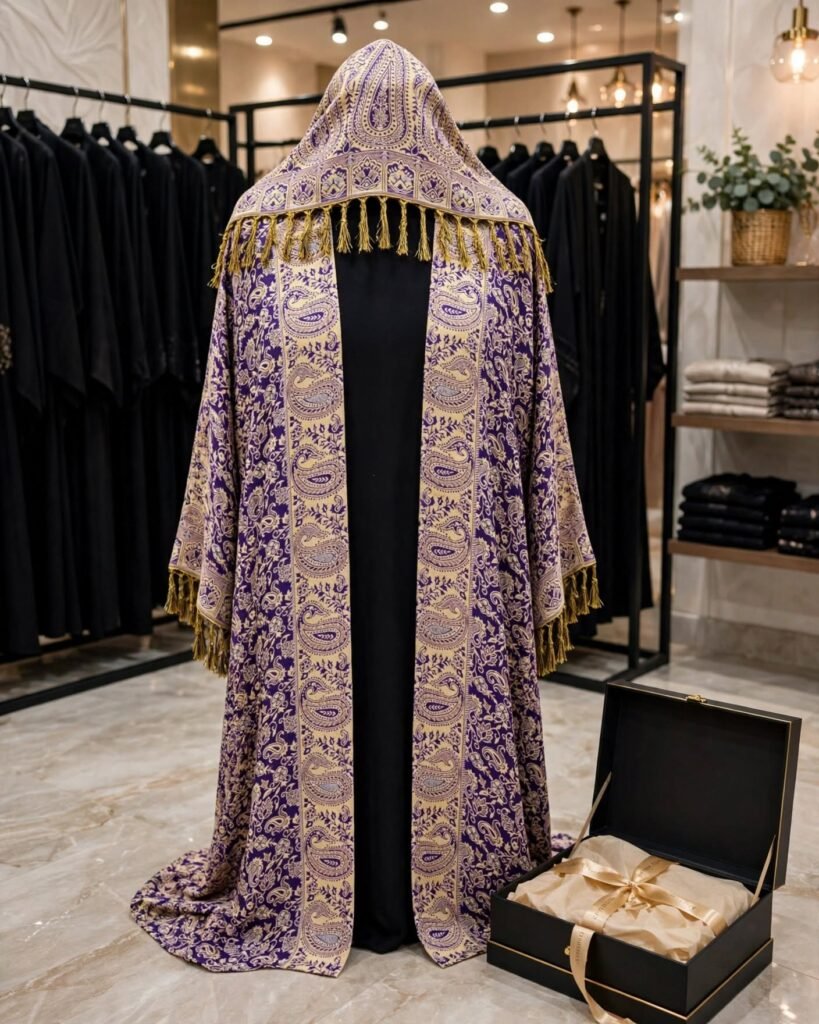 Royal Paisley Motif Hooded Abaya with Gold Tassel Accents - Photo 3